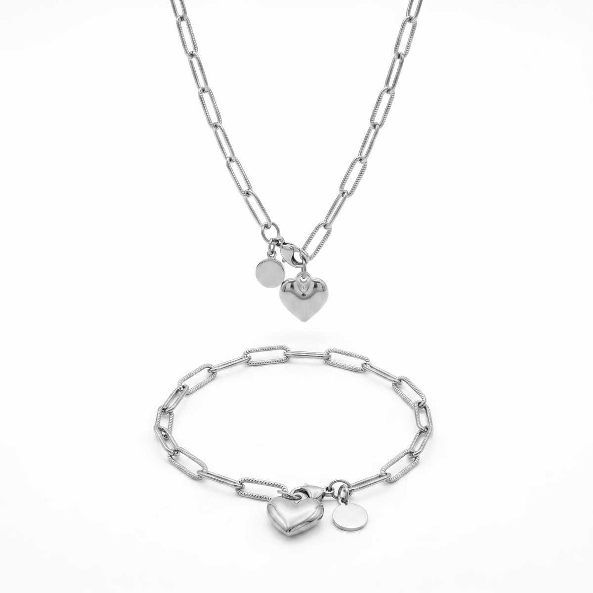 QIAOREN 10641 Stainless Steel Trendy Geometric Heart Charm Jewelry Set 18K Gold Plated Paperclip Necklace Bracelet for Women
