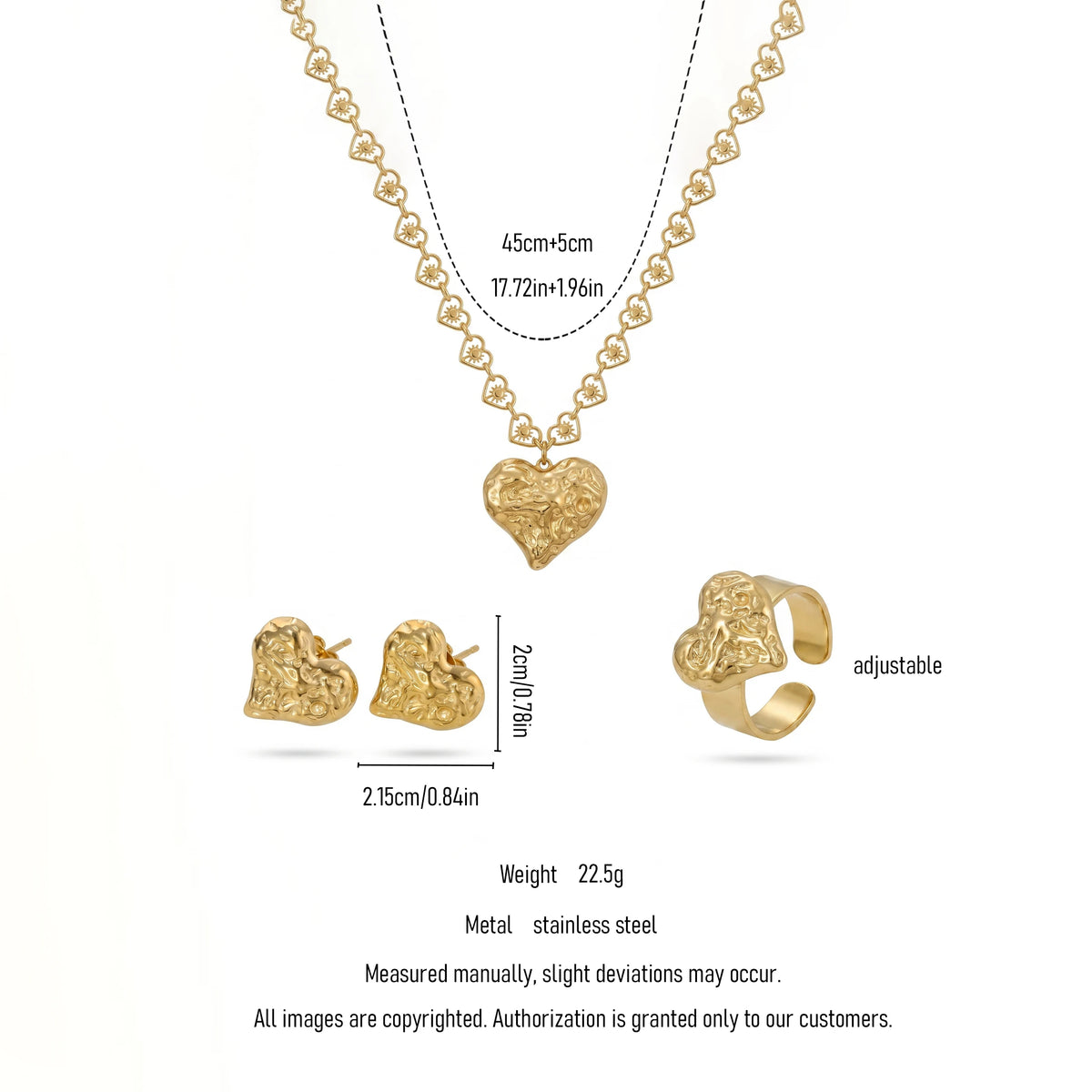 QIAOREN 11525 Textured Heart Jewelry Set Stainless Steel Waterproof Necklace Earrings Ring for Daily & Party