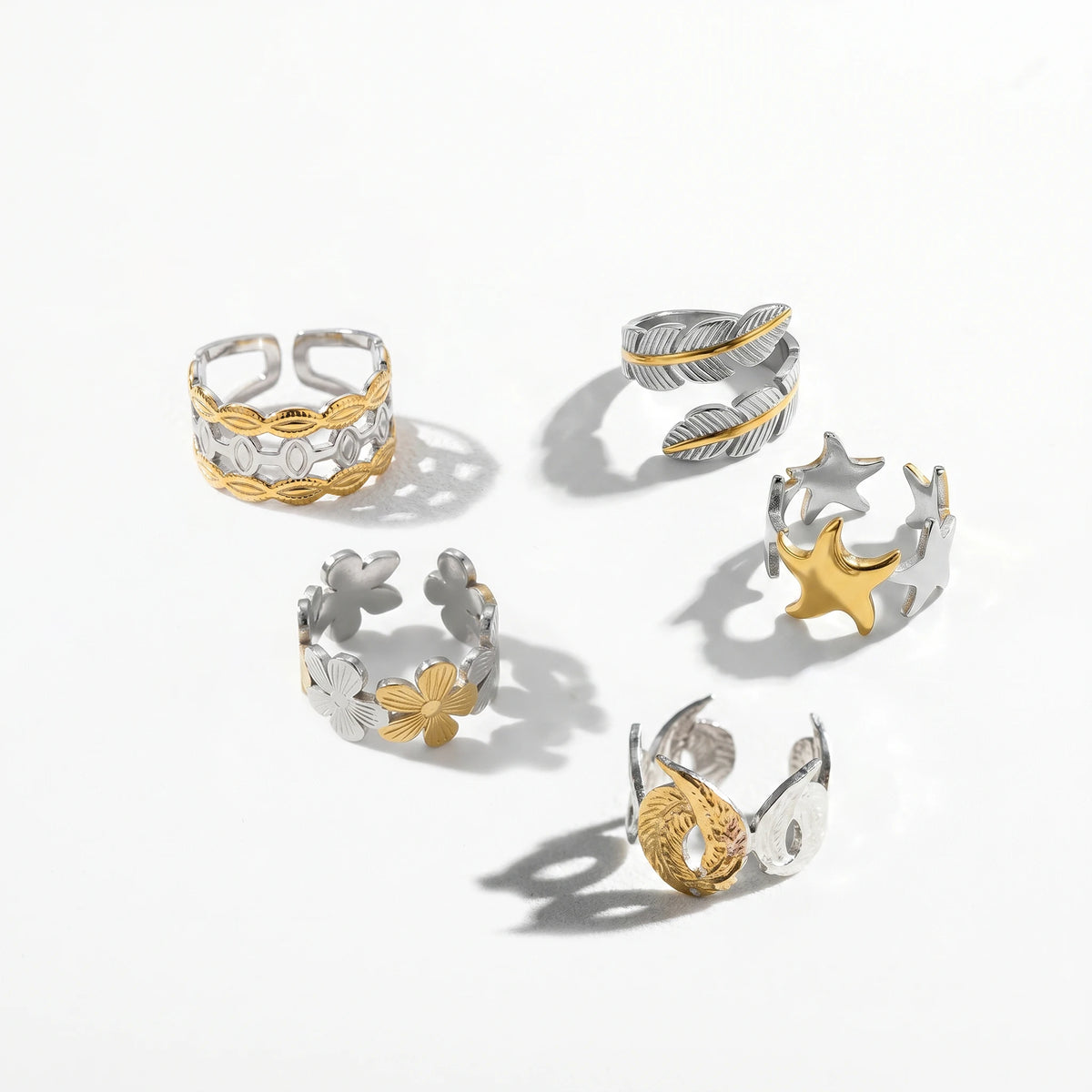 QIAOREN 12929-32 18K Gold Plated 316L Stainless Steel Two Tone Snake Star Adjustable Rings Set Tarnish Free Waterproof Jewelry