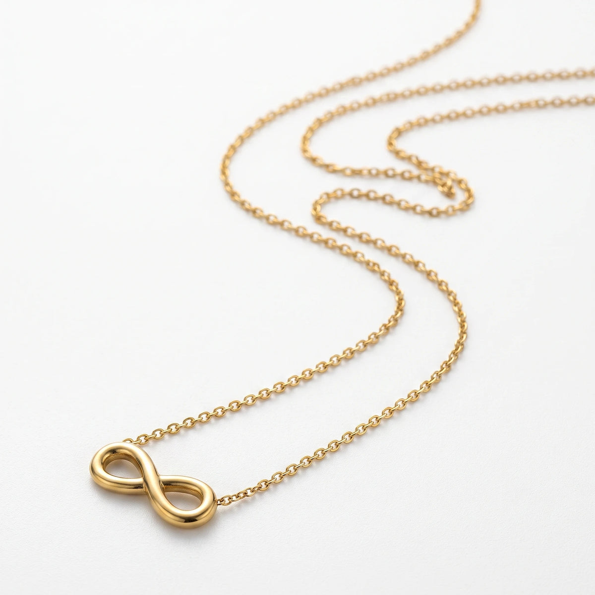 QIAOREN 13933 Thin Oval Link Chain Infinity Symbol Pendant Necklace, Polished Smooth Gold Eternal Love Collar Jewelry Gift