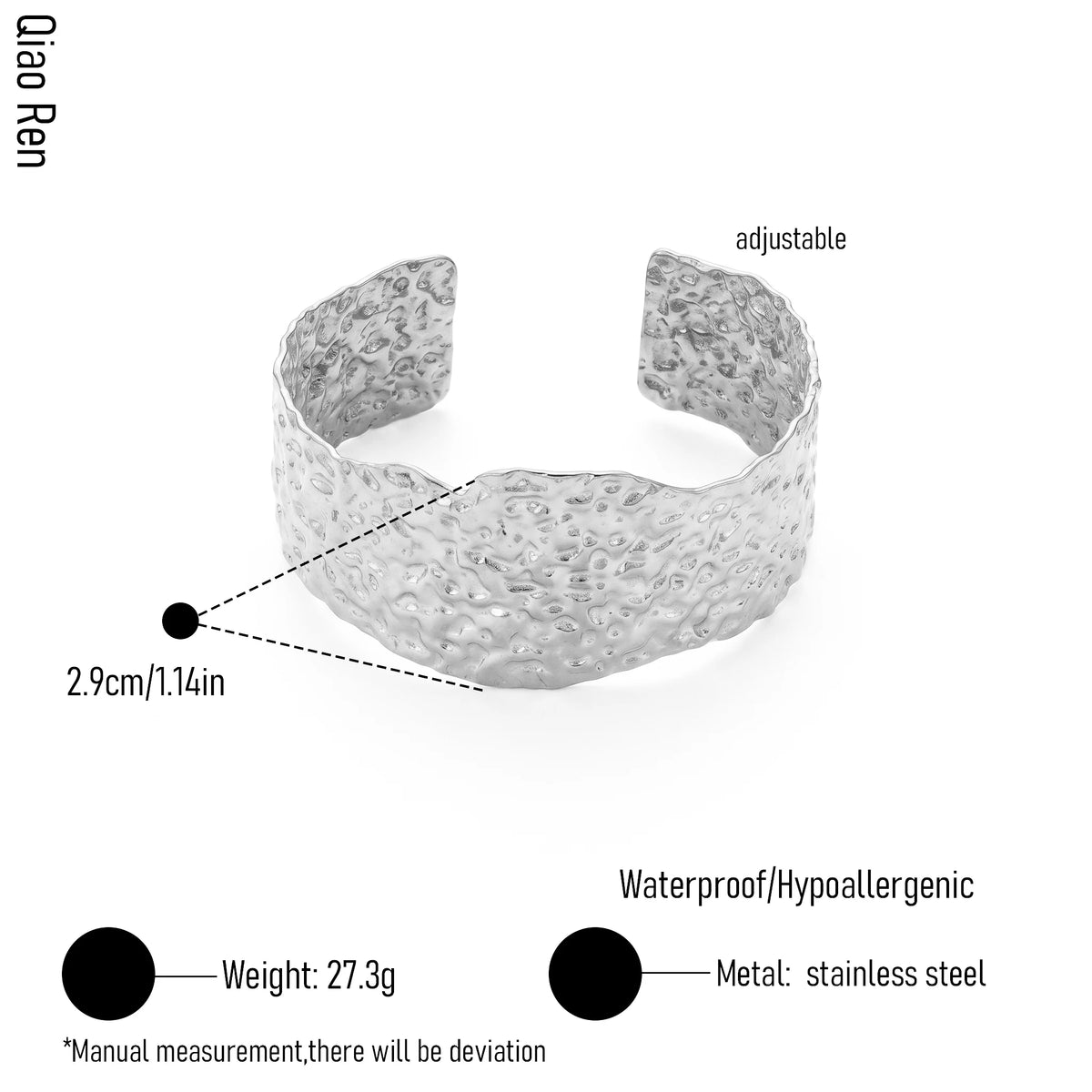 QIAOREN 14096 Stainless Steel Hammered Wide Cuff Bracelet Adjustable Waterproof Hypoallergenic Jewelry OEM ODM