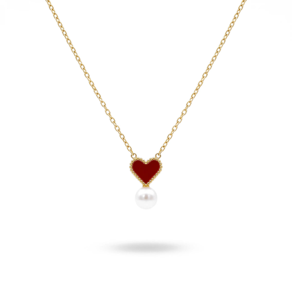 QIAOREN 13751 Thin Oval Link Chain Pendant Necklace with Beaded Border Red Enamel Heart Charm Hanging Single White Pearl