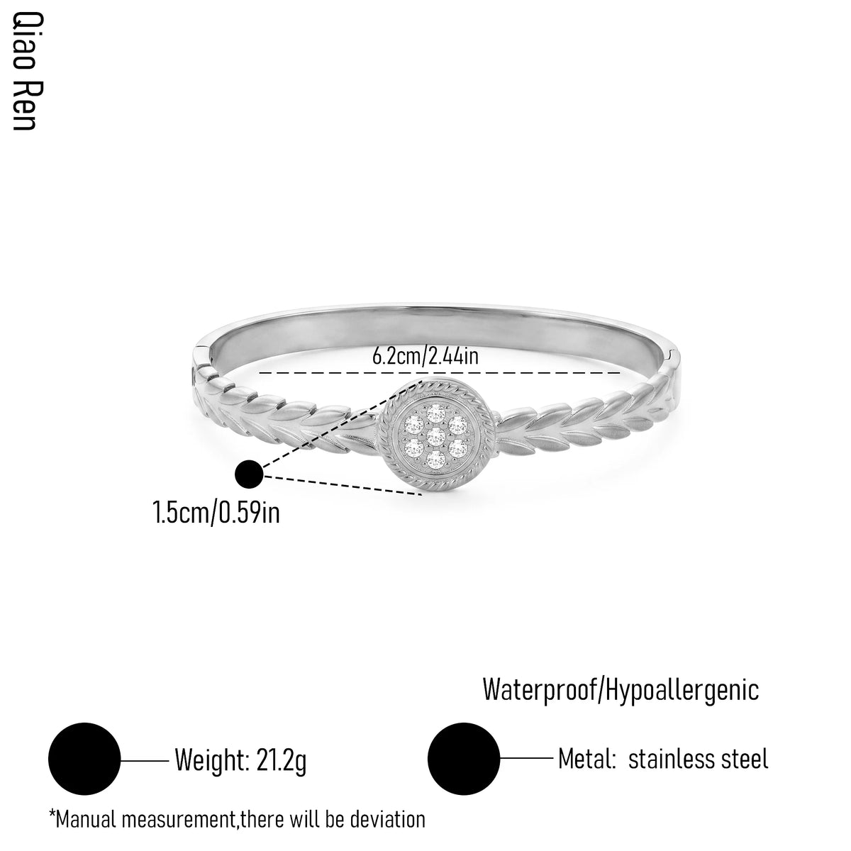 QIAOREN 14104 Stainless Steel Laurel Leaf Bangle Bracelet Waterproof Hypoallergenic CZ Jewelry OEM ODM
