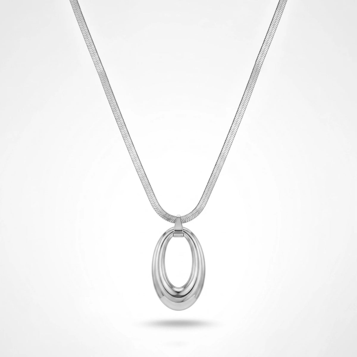 QIAOREN 13159 Gold Plated Oval Pendant Necklace Stainless Steel Herringbone Snake Chain Minimalist Statement Jewelry for Women