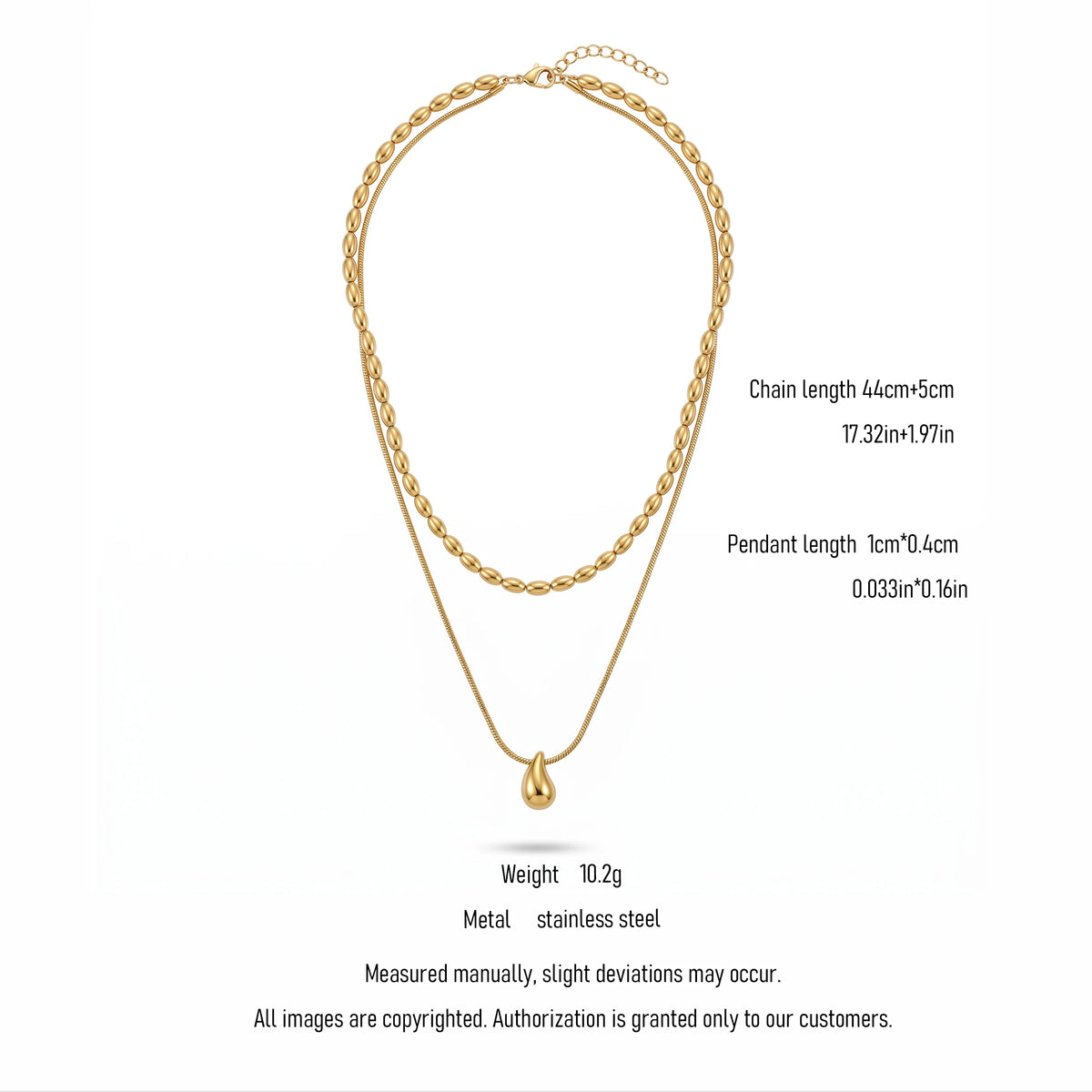 QIAOREN 11075 Stainless Steel Double Layer Necklace Rice Bead Snake Chain Teardrop Pendant Adjustable Gold Women Jewelry Gift