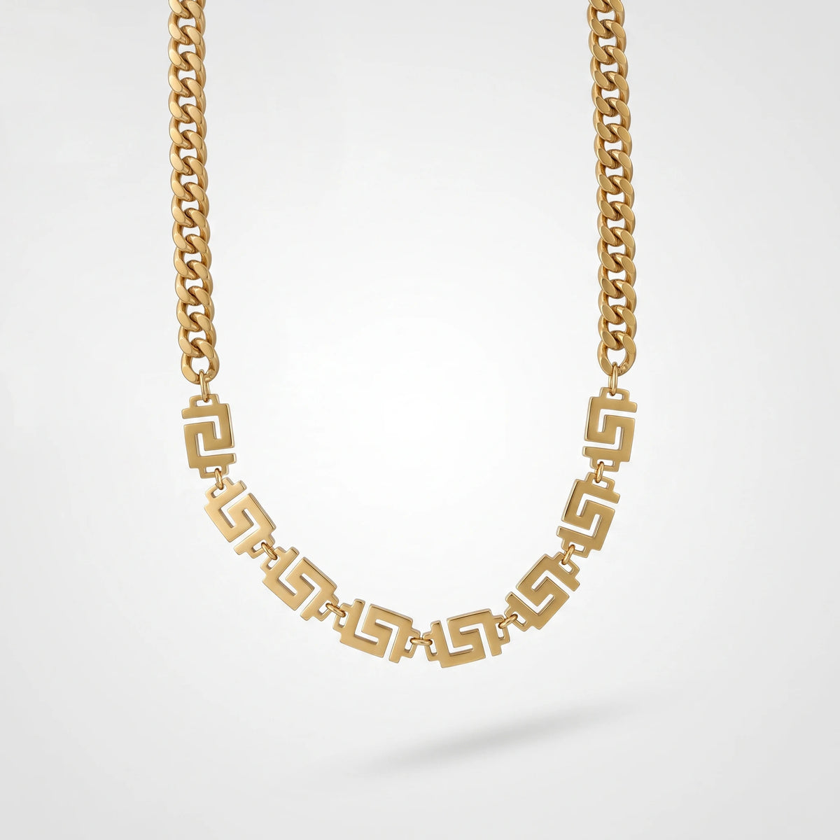 QIAOREN 13525 Mixed Chain Chunky Cuban & Greek Key Link Choker Necklace, Retro Geometric Pattern Gold Stack Neck Jewelry Gift
