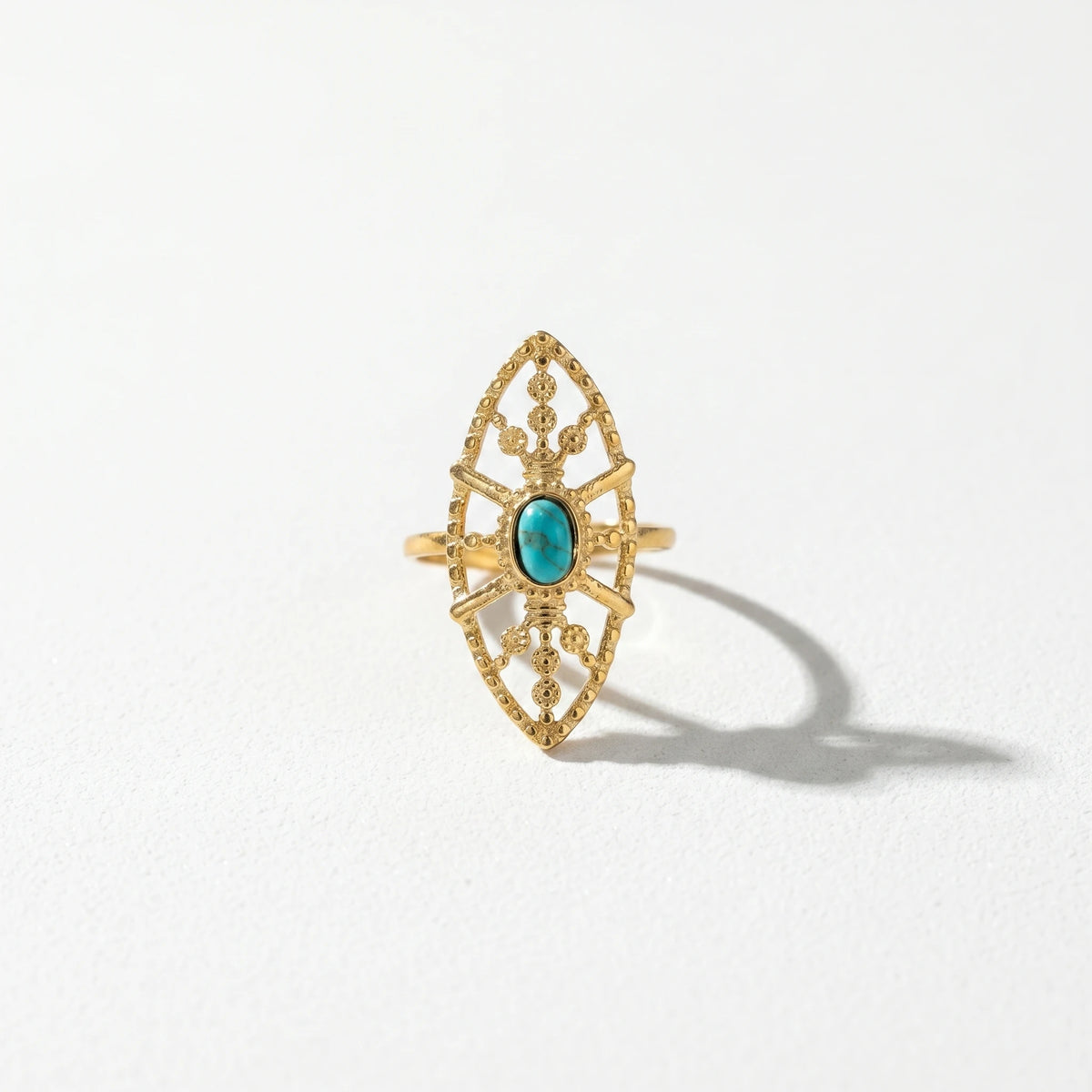 QIAOREN 13155-60 5Pcs Gold Turquoise Open Ring Set Boho Hollow Adjustable Stackable Stainless Steel Jewelry for Women