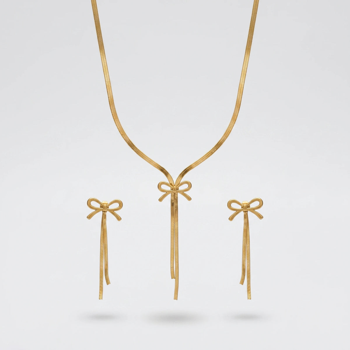 QIAOREN 10544 Matte 18K Gold Plated Stainless Steel Oval Link Chain Necklace and Earrings Set Waterproof Tarnish Free Jewelry