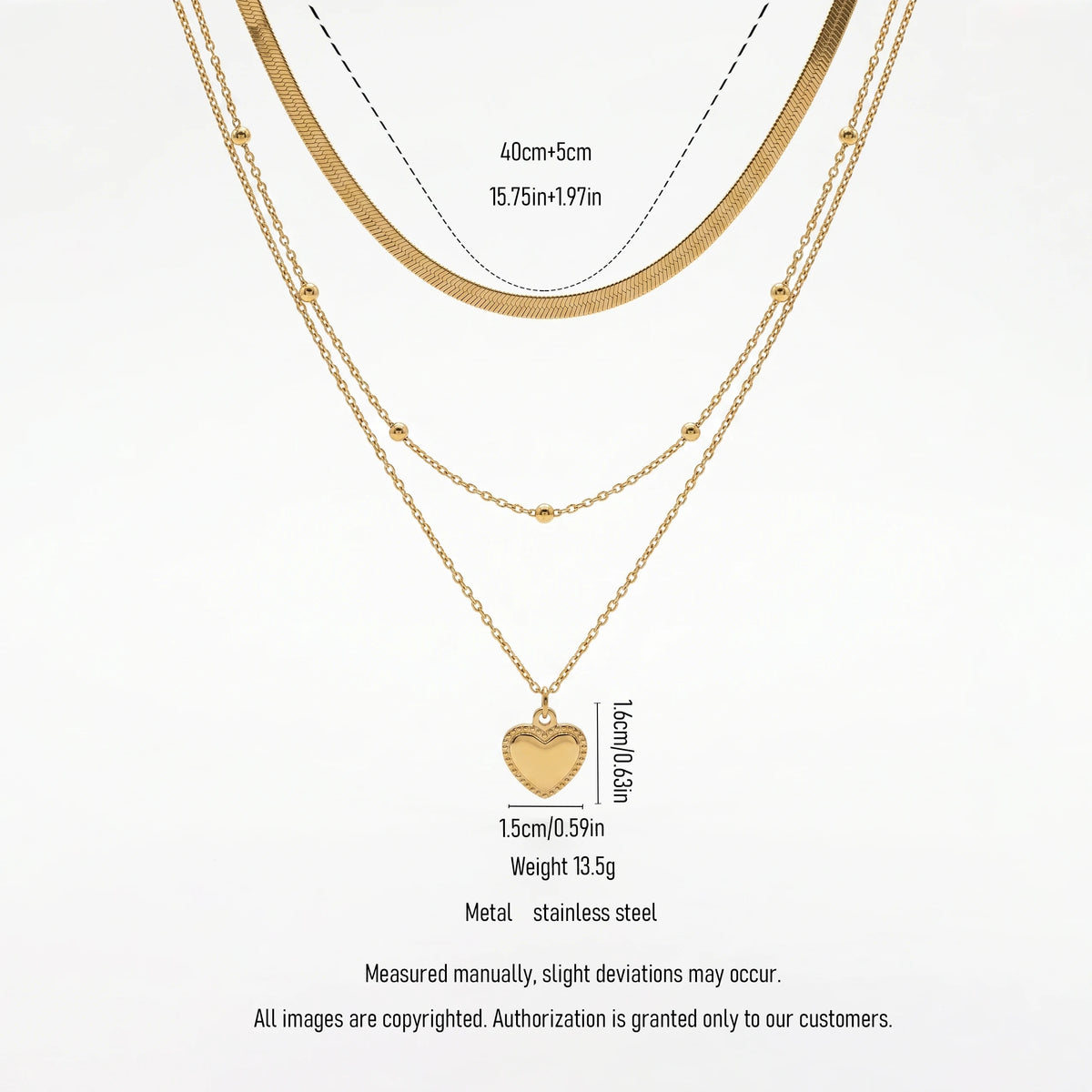 QIAOREN 12852 18K Gold Plated Layered Heart Necklace, Herringbone Snake Chain Beaded Pendant, Waterproof Stainless Steel Jewelry