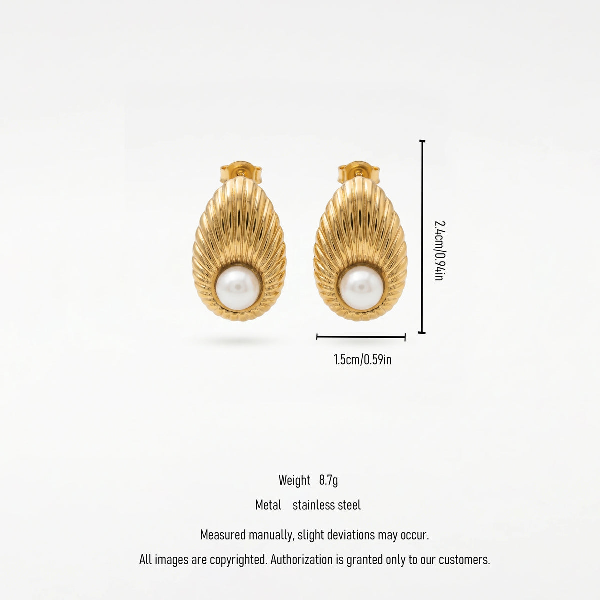 QIAOREN 12203 Gold Plated Stainless Steel Ribbed Seashell Pearl Stud Earrings