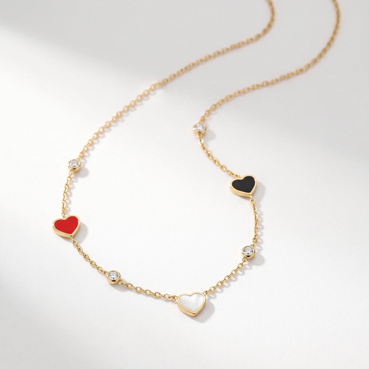 QIAOREN 13498 Three Color Enamel Heart Station Necklace with Tiny Round Crystal Charms, Dainty Thin Cable Chain Necklace