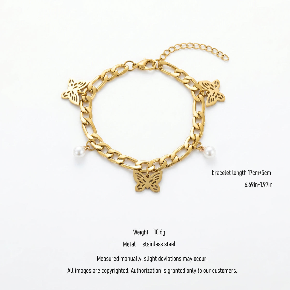 QIAOREN 11063 Trendy Butterfly Pearl Bracelet for Women Waterproof Stainless Steel Gold Cuban Link Chain Fashion Jewelry