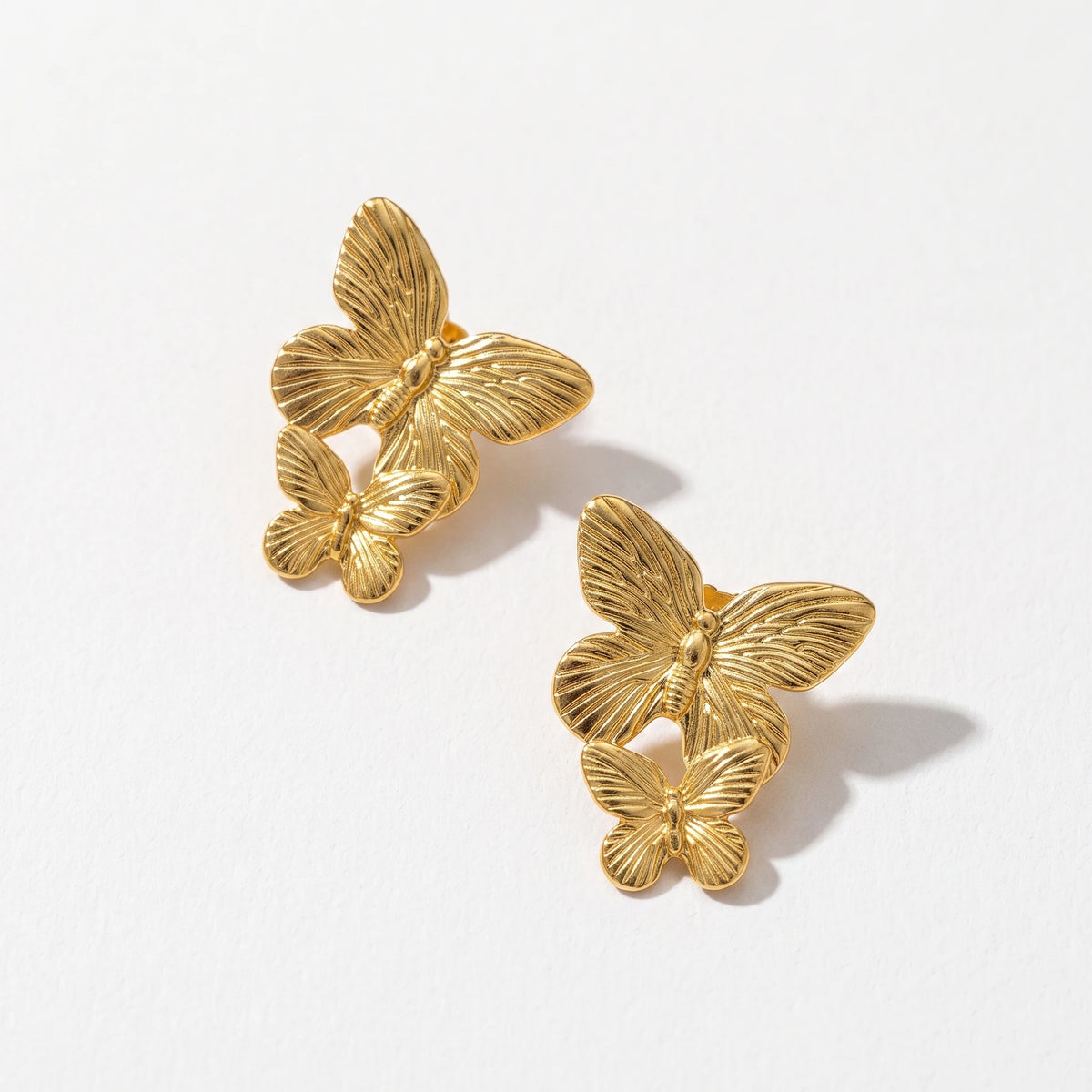 QIAOREN 13275 Gold Tone Double Butterfly Stud Earrings Fine Vein Textured Two Layer Butterfly Pin Studs Retro Elegant
