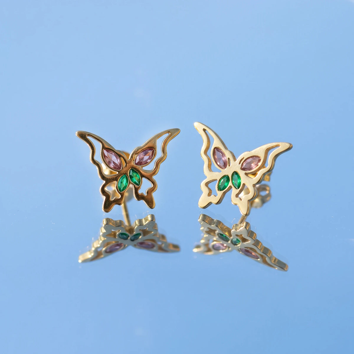 QIAOREN 14011 Hollow Butterfly Stud Earrings Inlaid Pink and Green Marquise Cut CZ Stones, Colorful Crystal Ear Stud