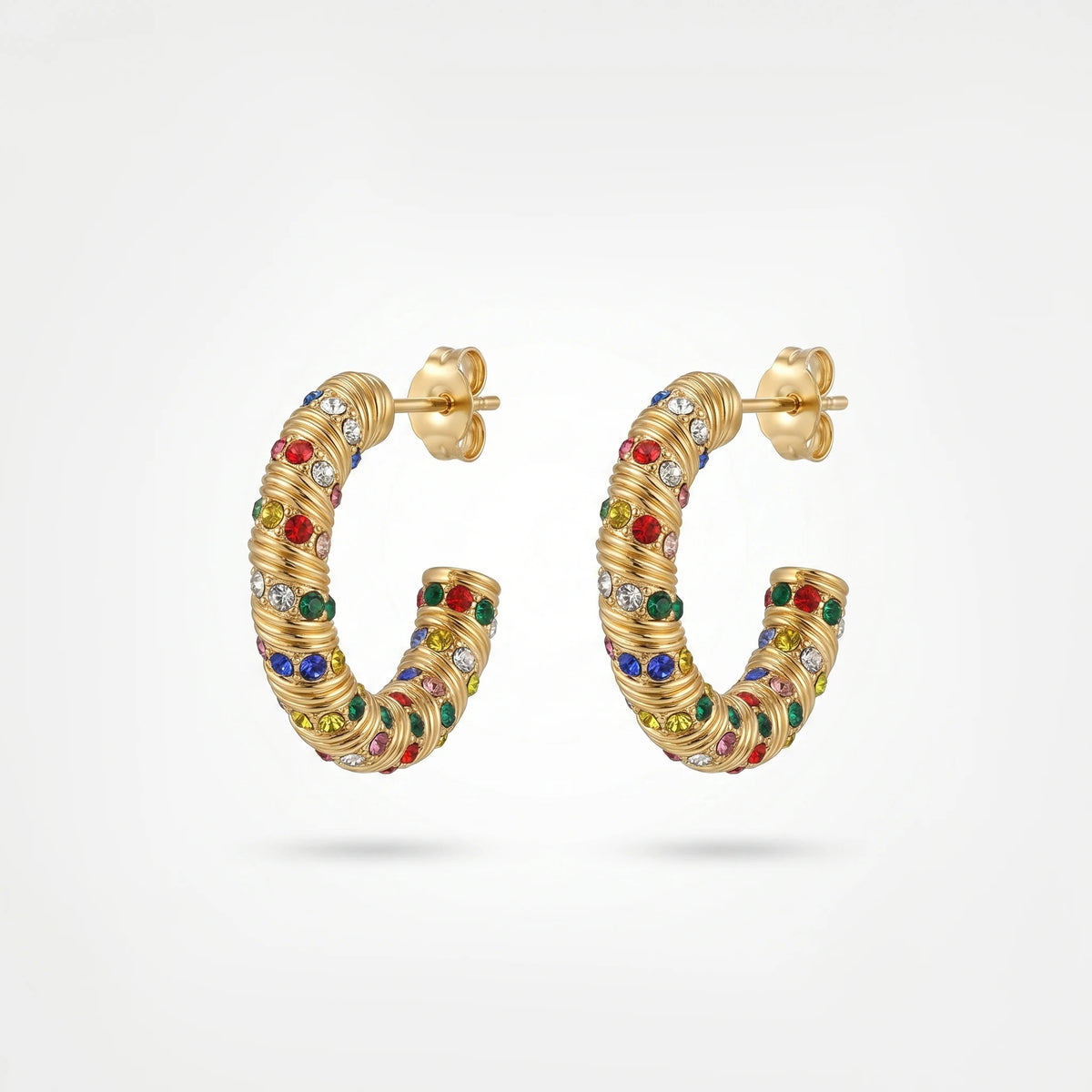QIAOREN  12221-23 Waterproof Gold Stainless Steel Textured Hoop Earrings Multicolor CZ C Shape Huggies Wholesale
