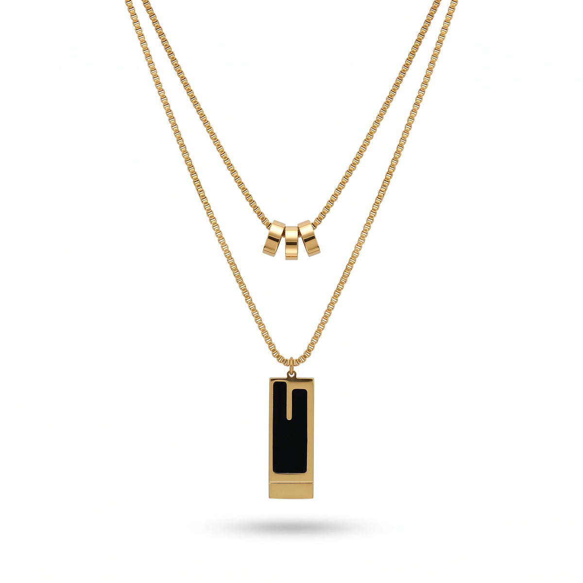 QIAOREN 13990 Double Layer Box Chain Stacked Necklace with Three Tube Beads and Rectangular Bar Pendant Inlaid Black Enamel