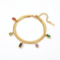 QIAOREN 13772 Double Layer Flat Herringbone Snake Bracelet with Multi Color Rectangle & Round Cut CZ Charms, Peridot Zircon