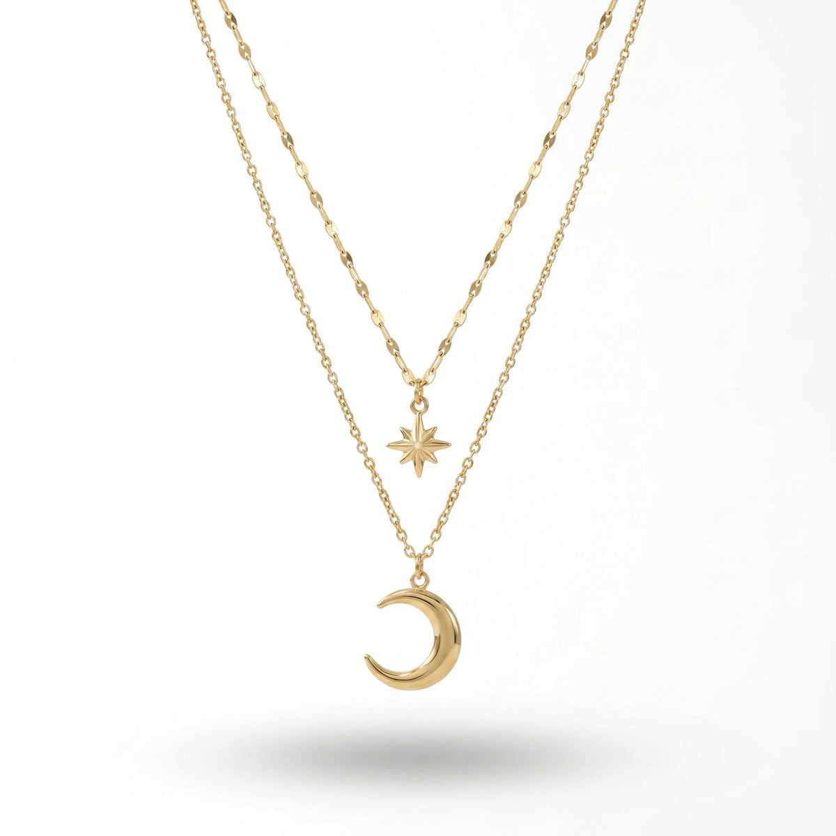 QIAOREN 11408 Tarnish Resistant Waterproof 18K Gold Plated Stainless Steel 2 Tier Star Moon Pendant Necklace