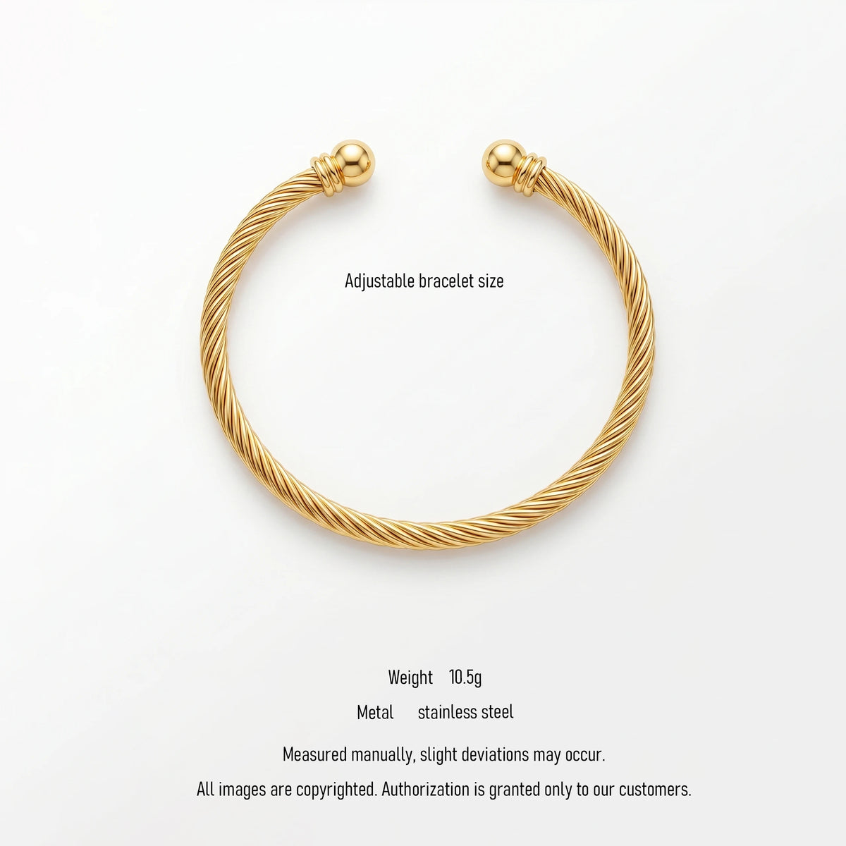QIAOREN 10723 Trendy Rope Twist Pattern Chain & Link Bracelet 18K Gold Plated Stainless Steel Adjustable Unisex Everyday Staple
