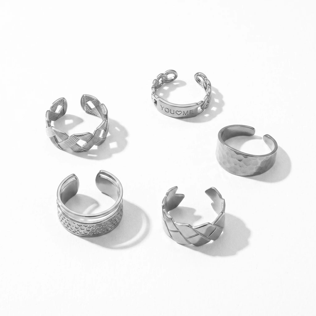 QIAOREN 10706 18K Gold Plated Stainless Steel Waterproof Open Ring Set | 5Pcs Adjustable Stackable Rings