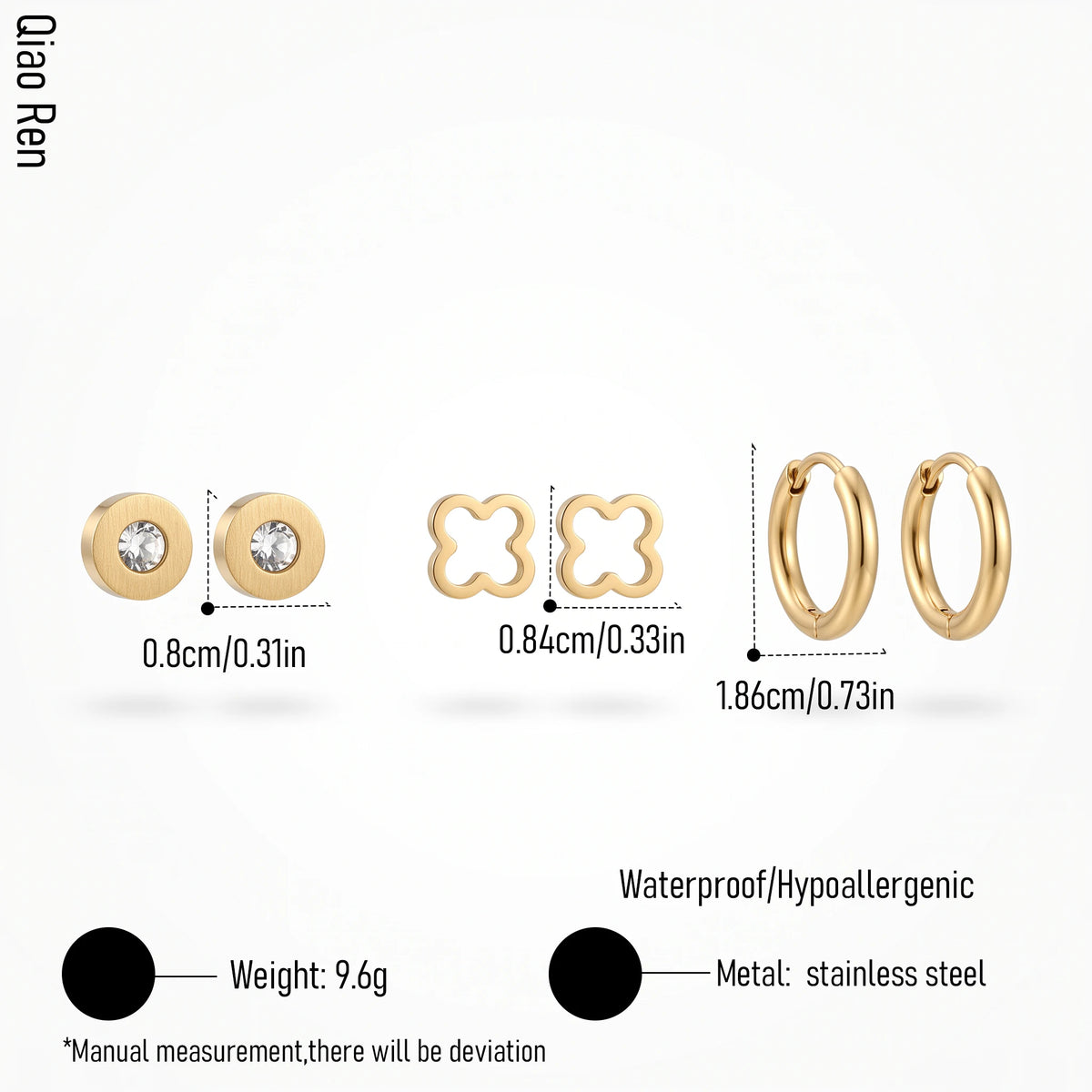 QIAOREN 14452 3 Pair Gold Stainless Steel Stud & Hoop Earrings, CZ, Quartz Clover, Gold Hoops for Daily Fashion