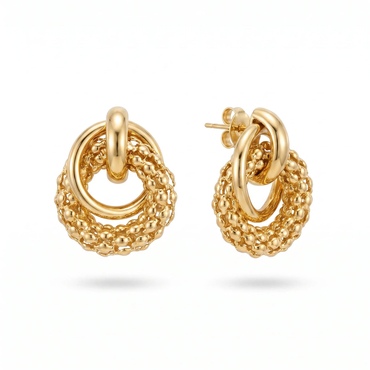 QIAOREN 14538 Beaded Ring Interlocking Stud Earrings, Textured & Polished Gold Metal Earrings, Hypoallergenic Jewelry Gift