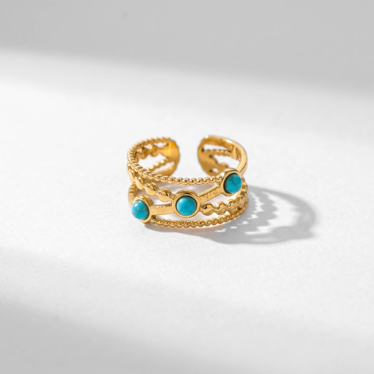 QIAOREN 13171-75 5Pcs Gold Stainless Steel Turquoise Open Ring Set Irregular Hammered Crown Adjustable Boho Stackable Rings