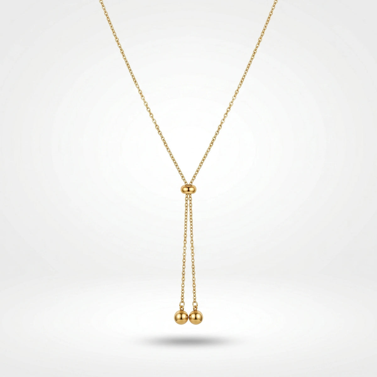 QIAOREN 10627 Trendy Adjustable Lariat Necklace Stainless Steel Gold Plated Geometric Ball Pendant for Women