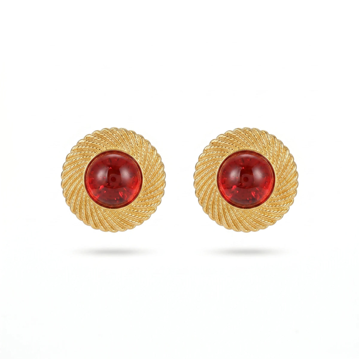 QIAOREN 12259 Vintage Spiral Twisted Stainless Steel Stud Earrings 18K Gold Plated Round Red Cabochon Glass Ear Jewelry