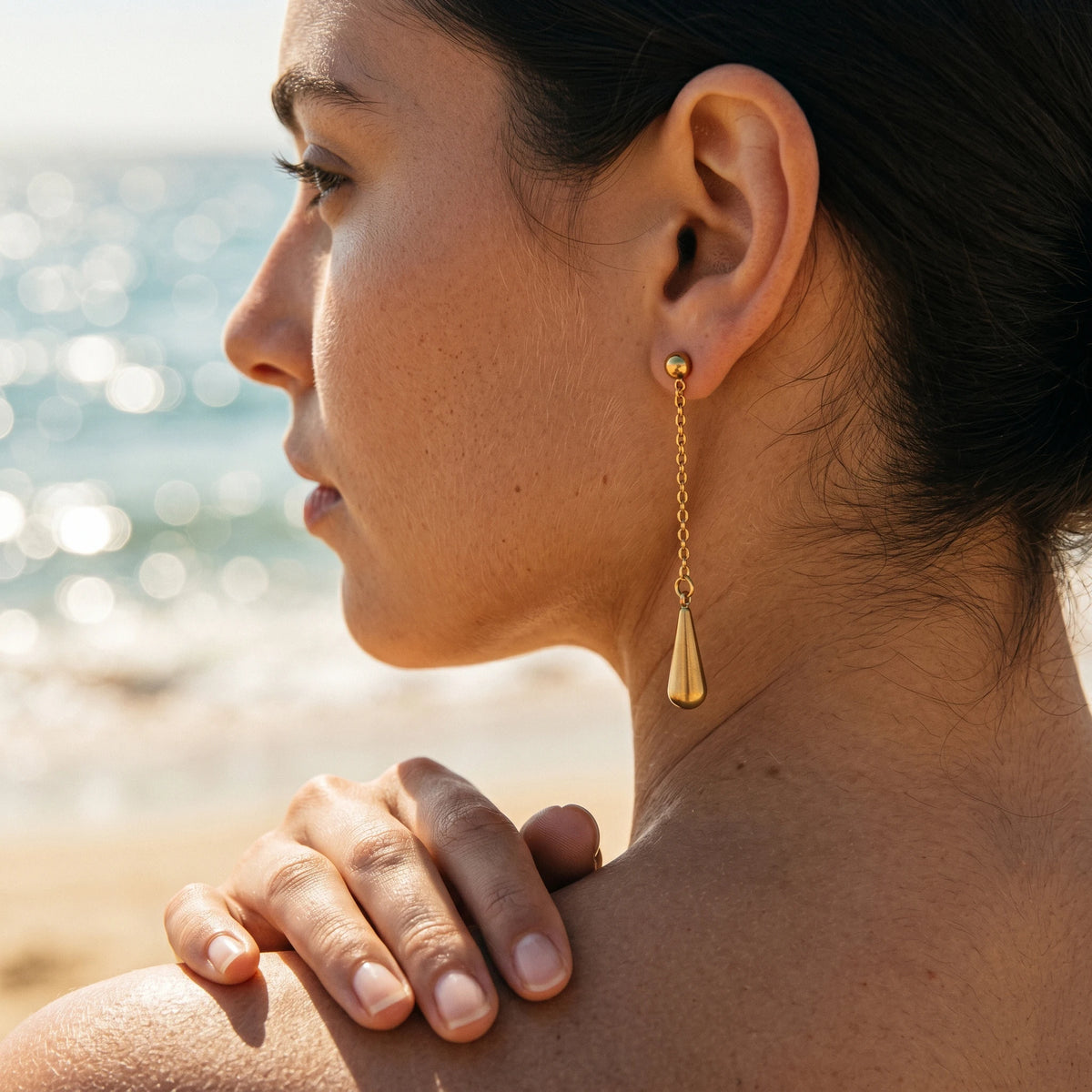 QIAOREN 10633 Minimalist Teardrop Stud Earrings Stainless Steel Gold Plated Long Chain for Ladies