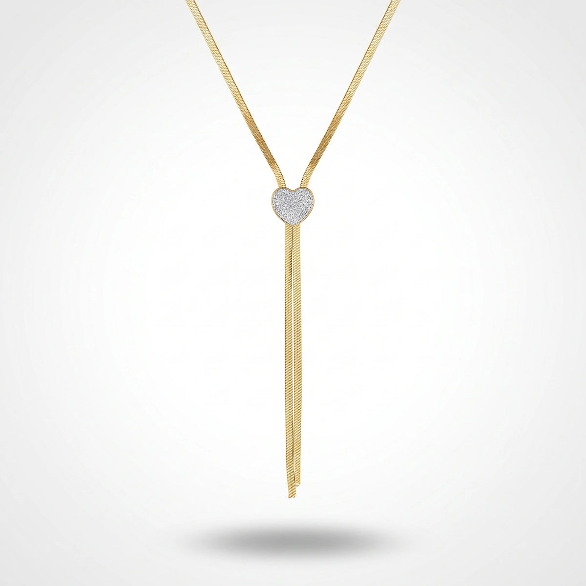QIAOREN 14421 Paved CZ Heart Shape Herringbone Tassel Necklace, Stainless Steel Lariat Necklace Jewelry Gift