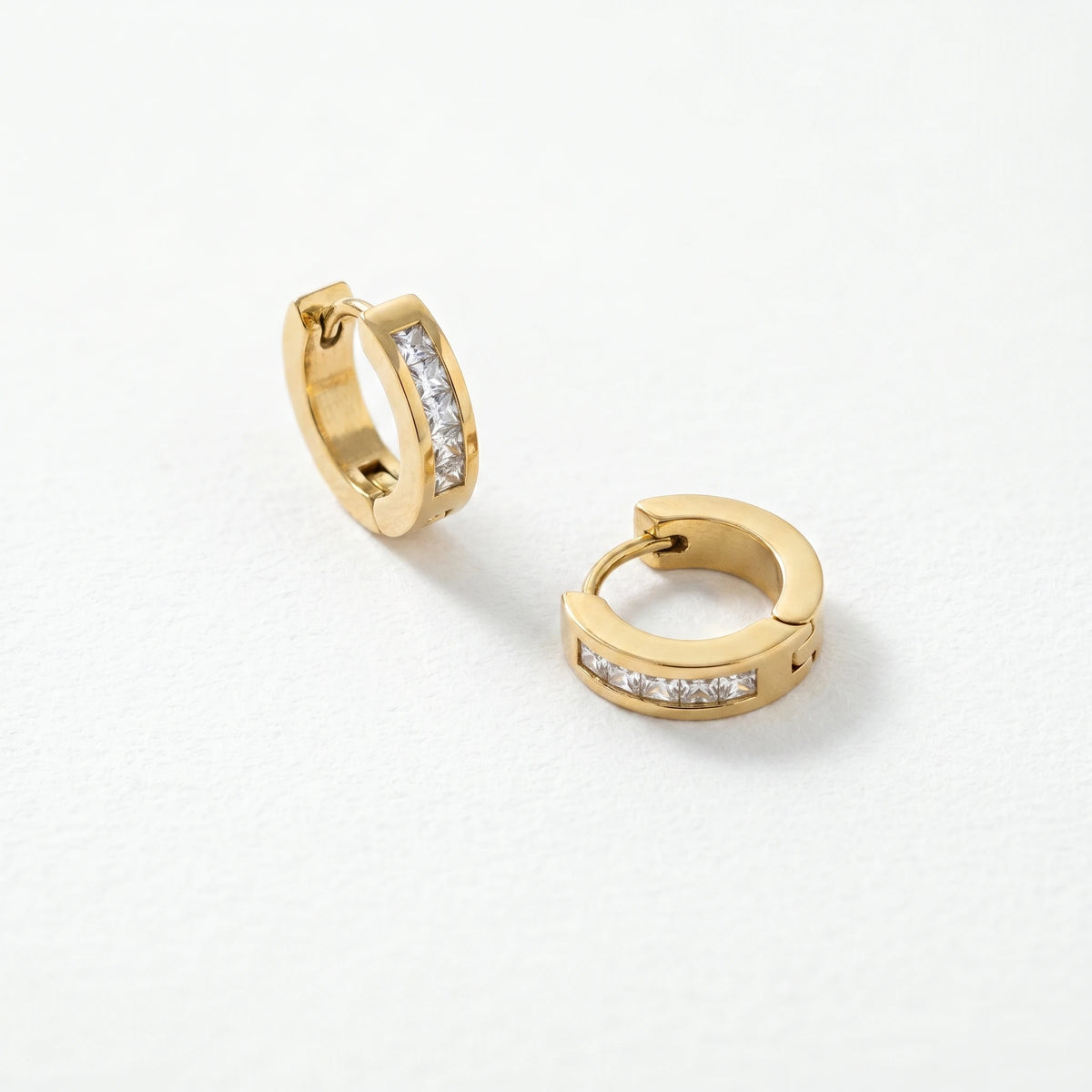 QIAOREN 12338 Princess Cut CZ Hoop Earrings Gold Stainless Steel High Polished Square Crystal Channel Set Huggies Women US EU