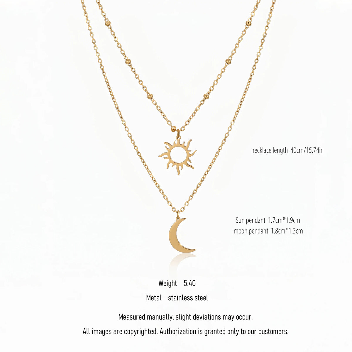 QIAOREN 10649 Boho Style Sun Crescent Moon Layered Link Chain Necklace 18K Gold Plated Stainless Steel Nickel-Free Jewelry