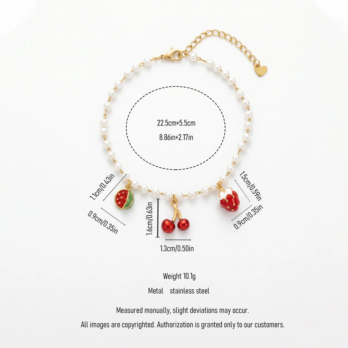 QIAOREN 13323 Fruit Themed Pearl Anklet with Watermelon, Cherry & Strawberry Charms, Cute Summer Foot Jewelry Gift