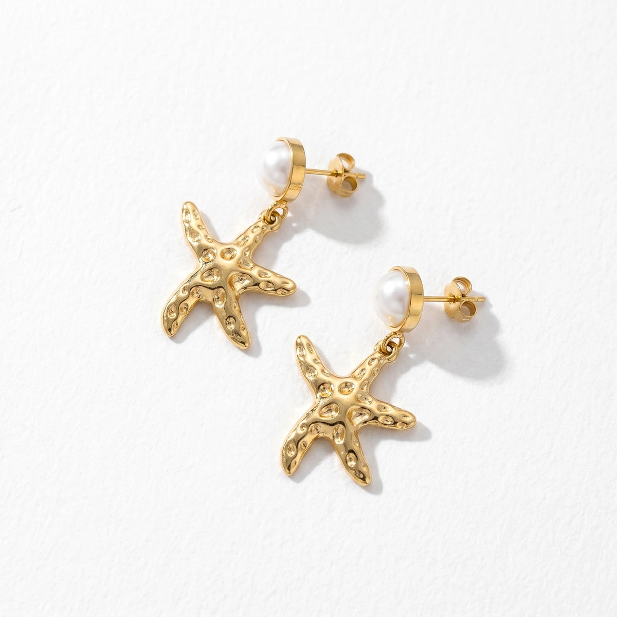 QIAOREN 13216 Gold Plated Pearl Starfish Drop Earrings for Women Stainless Steel Beach Coastal Fashion Jewelry