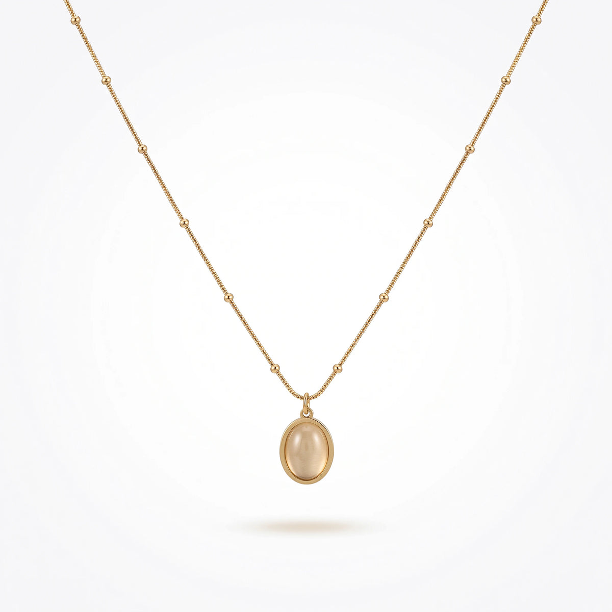 QIAOREN 13510 Dainty Beaded Snake Chain Oval Cream Cat Eye Pendant Necklace, Smooth Gold Frame Natural Stone Necklace