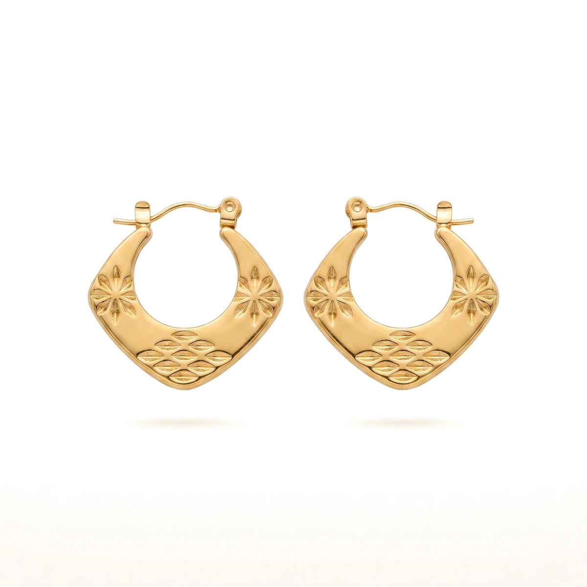 QIAOREN 12539 Vintage Floral Engraved  Earrings Stainless Steel Anti Tarnish Gold Hoops for American EU Ladies