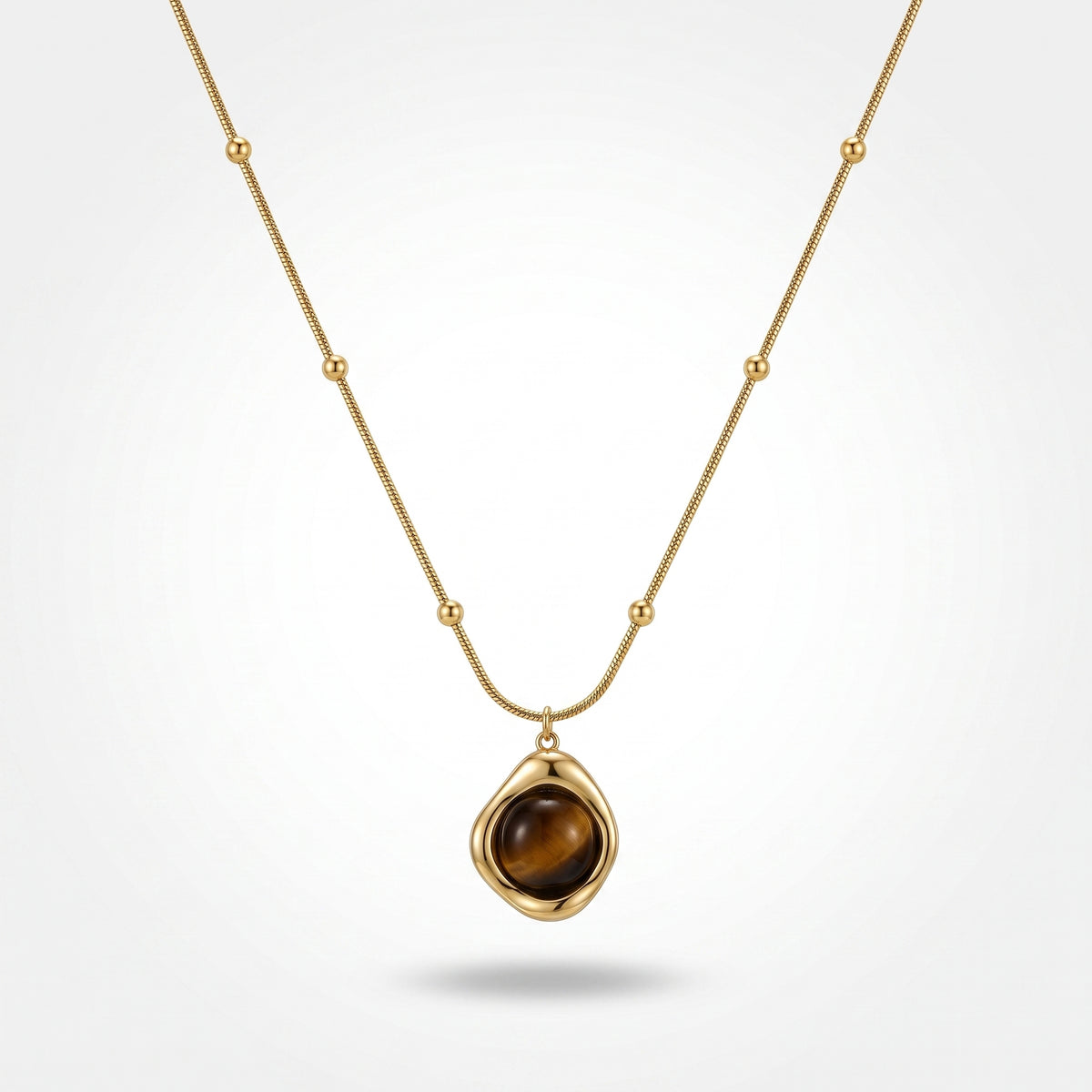 QIAOREN 13472 Vintage Tiger Eye Pendant Necklace with Beaded Snake Chain, Irregular Gold Frame Natural Stone Neck Jewelry Gift
