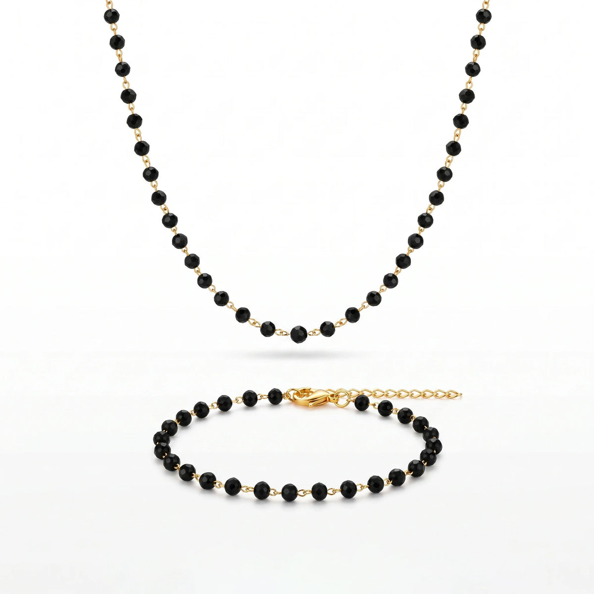 QIAOREN 10855 Stainless Steel Gold Plated Black Faceted Beaded Jewelry Set Necklace and Bracelet for Women Party