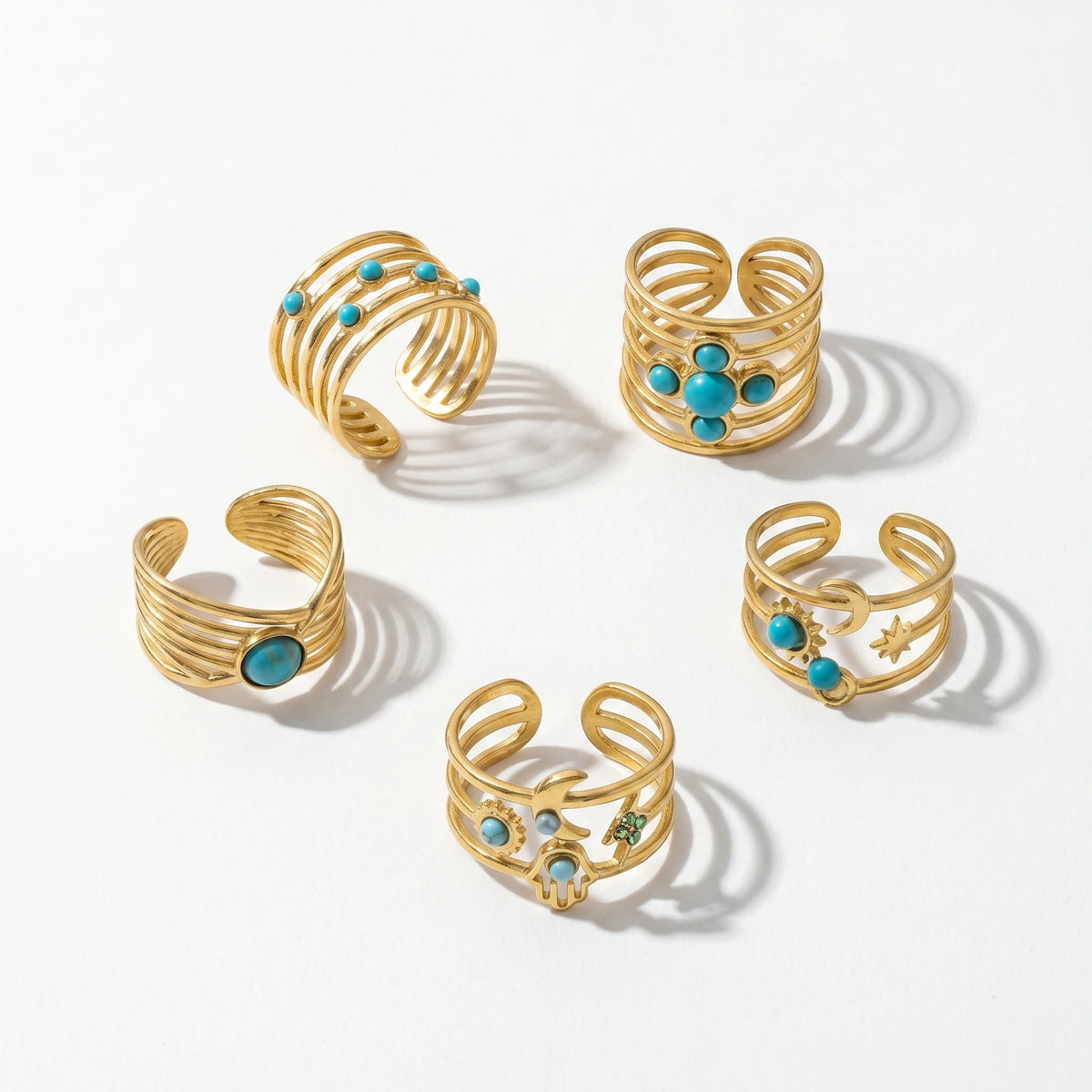 QIAOREN 5Pcs Gold Stainless Steel Turquoise Open Ring Set Irregular Hammered Crown Adjustable Boho Stackable Rings