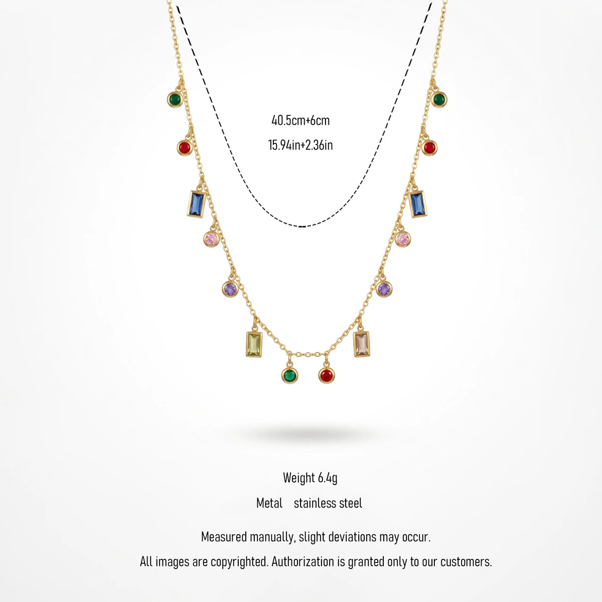 QIAOREN 13500 Rainbow Multi Shape Crystal Drop Station Necklace with Random Mixed Color Bead Charms Dangle Thin Chain Necklace