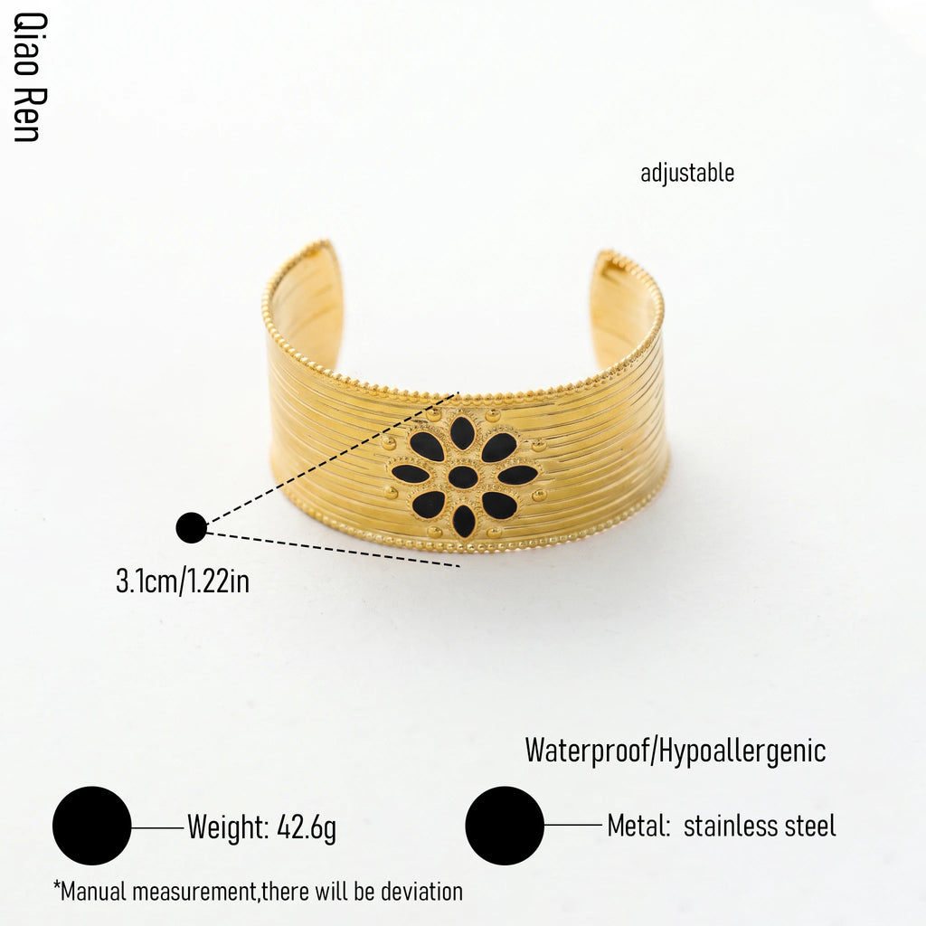 QIAOREN 14102-23 Stainless Steel Floral Wide Cuff Bracelet Adjustable Waterproof Hypoallergenic Jewelry OEM ODM