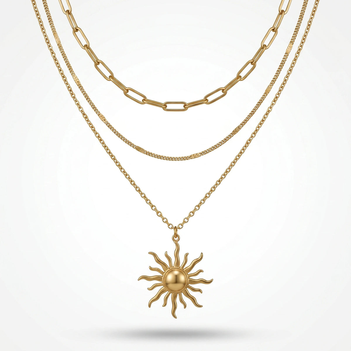 QIAOREN 10666 Ladies' Stainless Steel Necklace Pendant Gold-Plated Trendy Sun Pattern Multi-layer Geometric Link Design Inspired