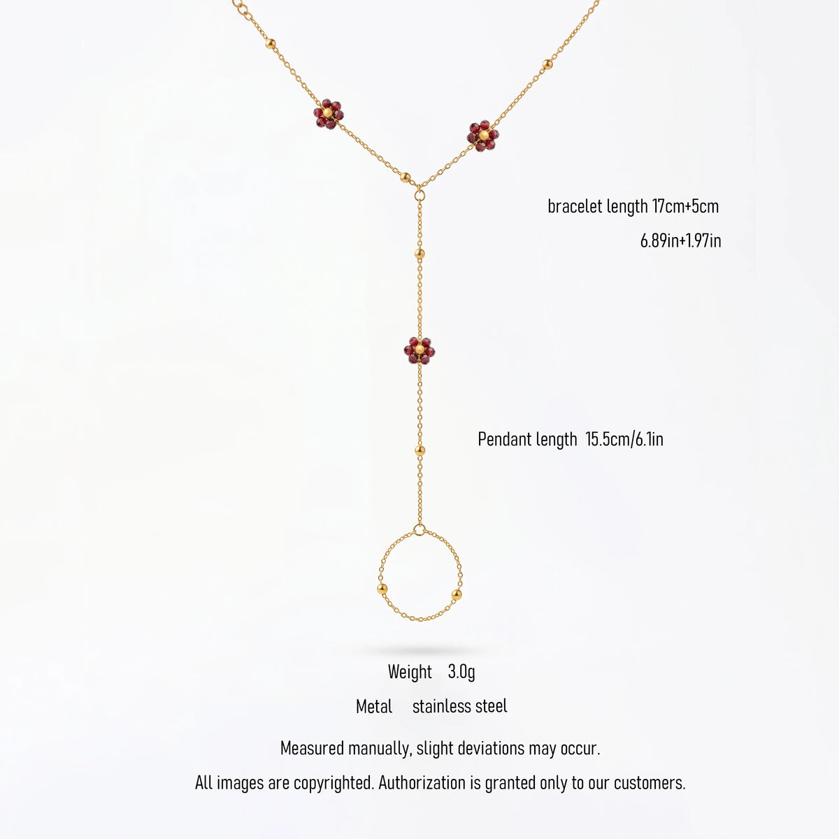 QIAOREN 10763 Dainty Red Beaded Flower Stainless Steel Finger Chain Bracelet Hand Chain for Summer