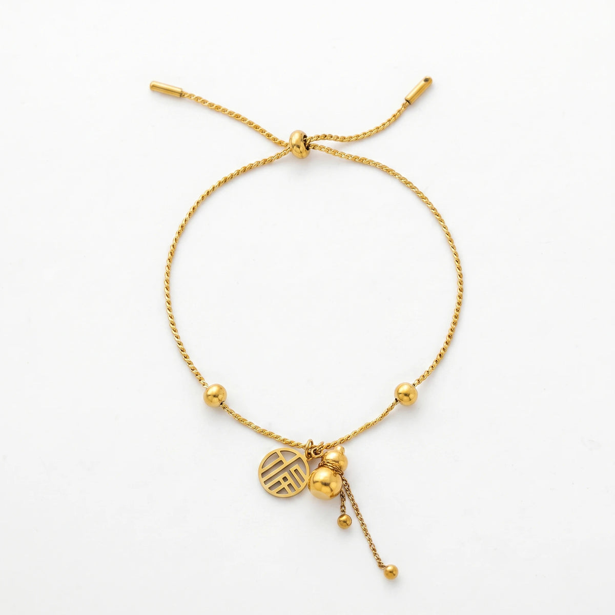 QIAOREN 13299 National Wind Lucky Bracelet 18K Gold Stainless Steel Fu Character Gourd Pendant Adjustable Slider Pull Wire Bead