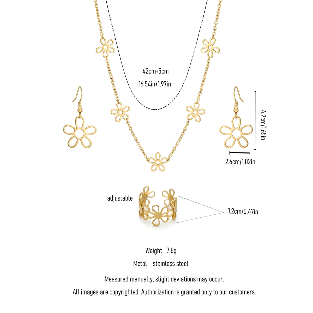 QIAOREN 11571 18K Gold Plated Stainless Steel Hollow Daisy Jewelry Set, 3 Piece Necklace Earrings Ring Set for Women Summer Wear