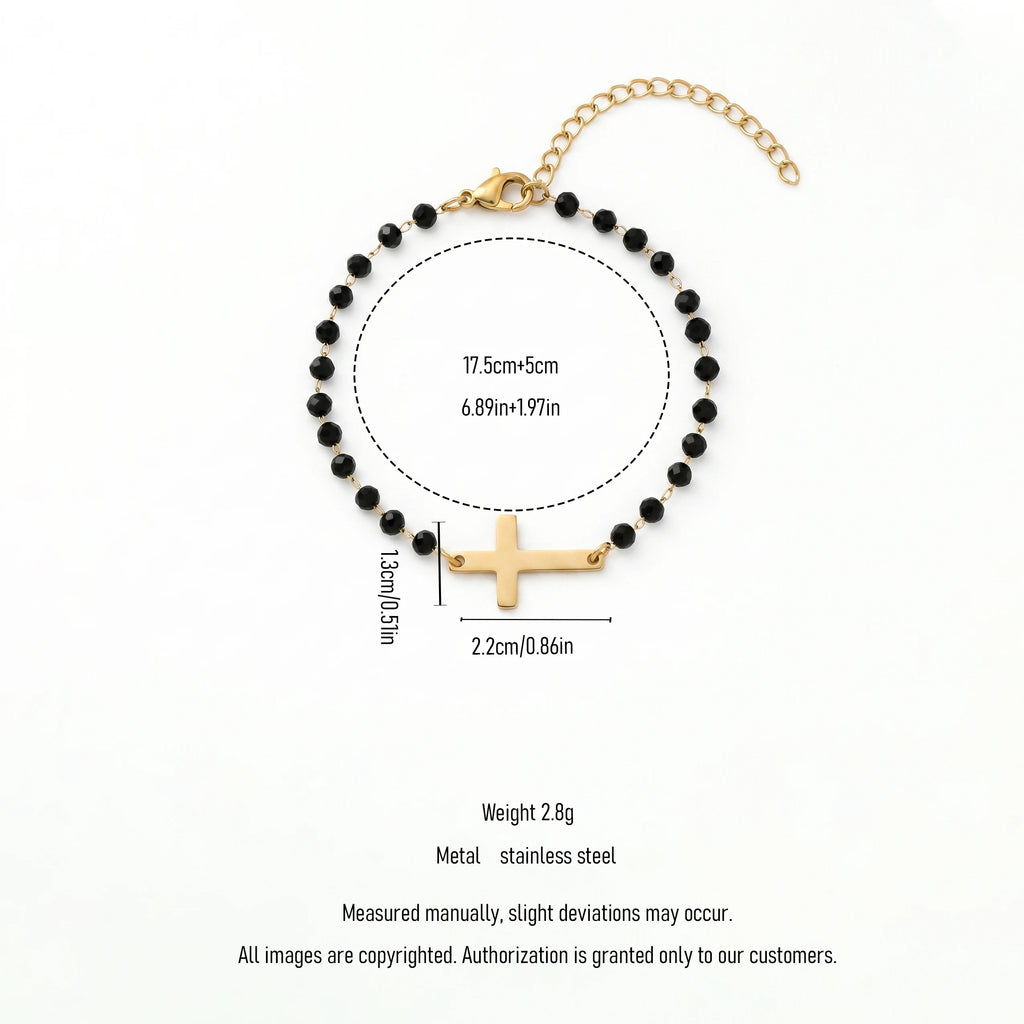 QIAOREN 12892 18K Gold Plated Sideways Cross Bracelet, Waterproof Tarnish Free Stainless Steel Black Bead Rosary Jewelry Women