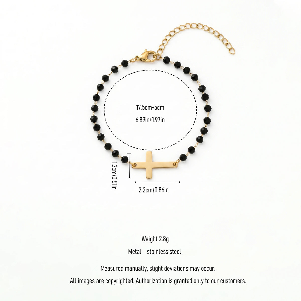 QIAOREN 12892 18K Gold Plated Sideways Cross Bracelet, Waterproof Tarnish Free Stainless Steel Black Bead Rosary Jewelry Women
