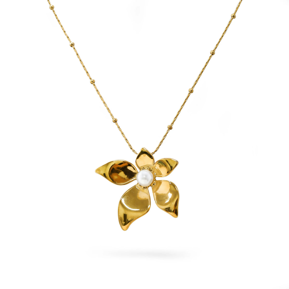 QIAOREN 13998 Beaded Oval Link Chain Pendant Necklace with Five Petal Flower Charm Centered with Round Pearl