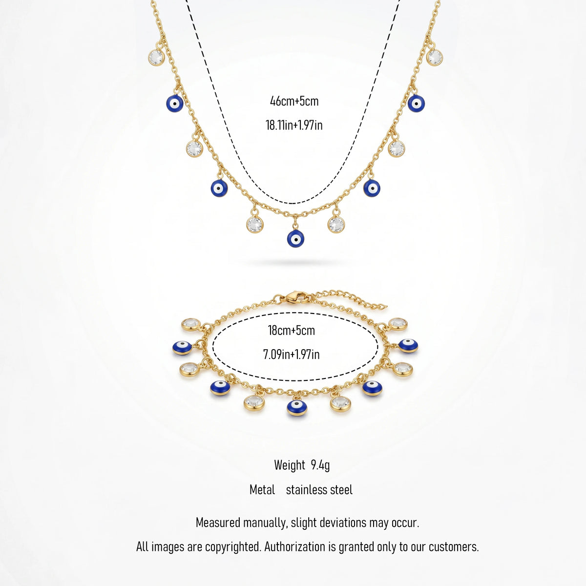 QIAOREN 12599 Dainty Blue Enamel  Jewelry Set Stainless Steel 18K Gold  Necklace Bracelet Hypoallergenic Lucky Amulet